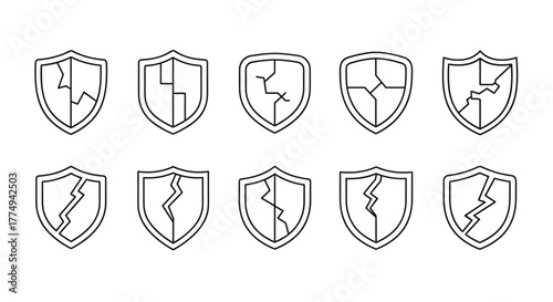 Collection of ten thin line art icons representing cracked shields, symbolizing vulnerability, damage, or broken security, presented on a clean white background for versatile digital and print