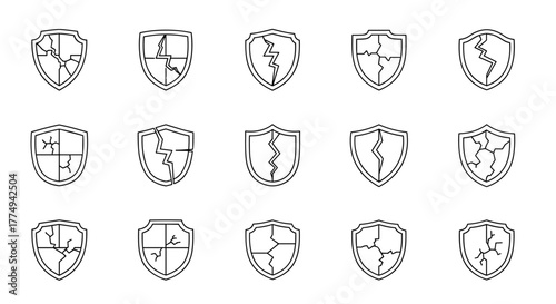 Set of 15 cracked shield icons, simple thin line art, perfect for websites, books, cards, and apps. Vector cartoon illustration representing broken security, vulnerability, and damage, isolated on a