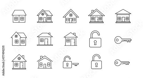 Collection of minimalistic line icons representing houses and locks, perfect for web design, graphic design, app interfaces, banners, social networks, cards, and vector cartoon illustrations with a