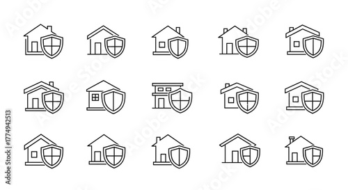 Collection of outline linear symbols representing a house protected by a shield, ideal for graphic and web design, apps, adverts, and various cards. This vector cartoon illustration on a white