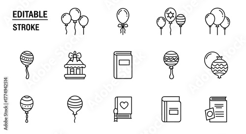 Collection of simple, isolated line icons representing holidays and celebrations, featuring balloons, a carousel, books, and maracas, with editable strokes, suitable for web, books, cards, and apps