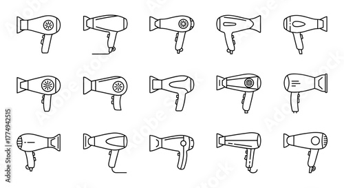 Collection of fifteen distinct outline illustrations of hair dryers, presented in a clean, linear style suitable for graphic and web design, app interfaces, advertisements, and various card designs