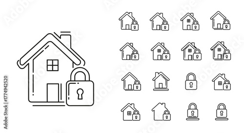 Minimalistic linear sign of a house with a padlock, representing security, safety, and protection. This versatile vector illustration is perfect for web design, graphic design, app icons, social