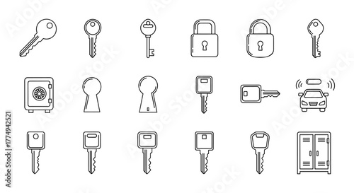 Collection of minimalistic thin outline icons representing keys, locks, a safe, keyholes, a car key, and a cabinet, all on a black background, perfect for web design, graphic design, apps, banners