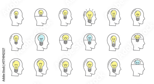 Set of 21 thin line icons representing a lightbulb inside a human head silhouette, symbolizing ideas, innovation, and creativity. Various styles and colors, including yellow and blue bulbs, with and