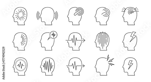 Collection of stylized head profiles illustrating various mental states and neurological phenomena, including brainwaves, sound waves, radiating energy, and electrical impulses, presented as clean
