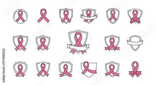 Collection of minimalistic pink ribbon icons and pictograms set against a black background, symbolizing breast cancer awareness, support, and hope. These versatile vector graphics are ideal for web