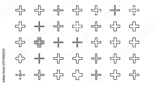 A collection of plus sign line icons, presented in a grid format on a black background, featuring variations in thickness and style, suitable for graphic design, web design, app interfaces