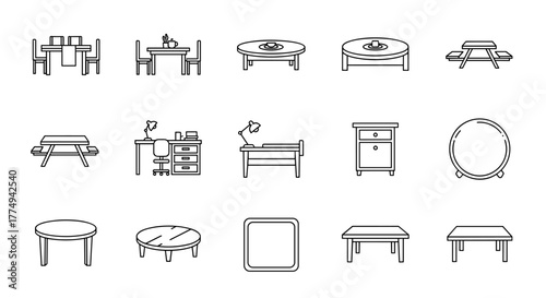 Collection of thin line icons representing various tables and seating arrangements, including dining sets, picnic tables, desks, and coffee tables, suitable for web, print, and app design, presented