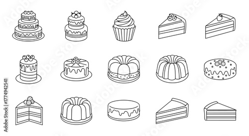 Collection of various cakes in a simple linear outline style, suitable for web sites, books, cards, and apps. This editable stroke vector cartoon illustration features a multi-tiered cake, cupcakes