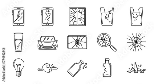 A collection of nine distinct line icons representing broken glass, presented as outline signs perfect for graphic and web design, mobile applications, advertisements, and various card designs. This