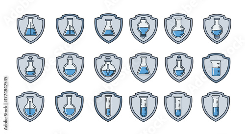 Collection of stylized laboratory glassware icons, including flasks and test tubes, each enclosed within a shield outline, presented on a clean white background, ideal for science, education, and
