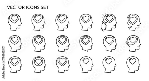 Set of vector icons representing the concept of love, emotions, and thoughts within a human head, depicted as a heart symbol. This collection features various stylized profiles with hearts inside