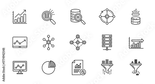 Big data analysis thin line icon set, featuring data processing outline pictograms for website and mobile app GUI, digital analytics simple UI/UX vector icons, representing growth charts, data