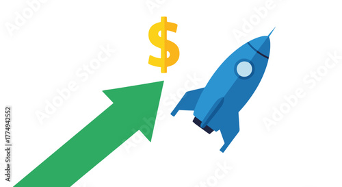 Vibrant blue rocket launching upwards alongside a large green arrow pointing towards a golden dollar sign, symbolizing financial growth, startup success, investment, and economic progress against a