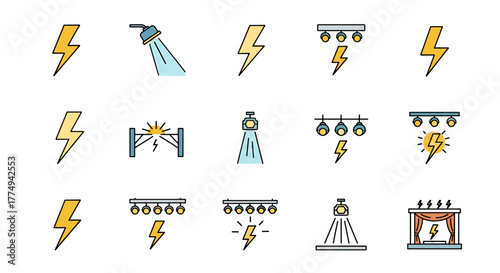 Set of minimalistic lightning bolt symbols and stage lighting icons, perfect for web, graphic design, apps, banners, social networks, and cards. This vector cartoon illustration features vibrant