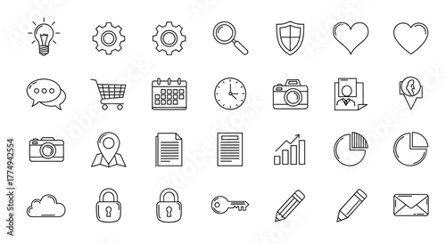 A comprehensive collection of outline icons featuring a white stroke on a black background, perfect for infographics, articles, books, flyers, and banners, presented as a versatile vector cartoon