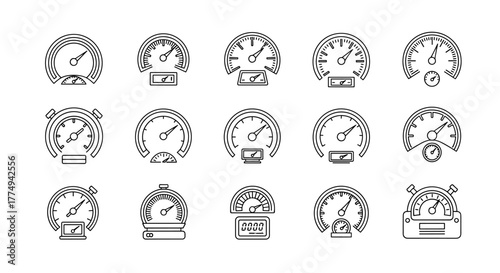 Speedometer line icon collection, outline signs for graphic and web design, apps, adverts, various cards, vector cartoon illustration with a white background, isolated on black. Set of dashboard