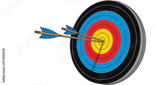 Precision archery target with two arrows hitting the bullseye, symbolizing accuracy, focus, and success in sports and business. This vector graphic captures the essence of hitting goals and achieving