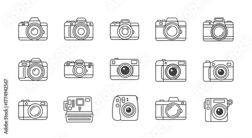 Collection of vintage and modern camera icons, including DSLR, film, and instant cameras, presented in a clean line art style on a white background, symbolizing photography and visual storytelling.