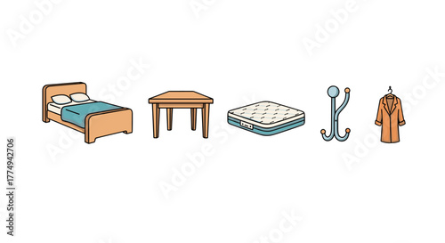 A charming collection of vector icons featuring essential furniture pieces: a cozy bed with pillows and a blue blanket, a simple wooden table, a comfortable mattress, a stylish coat hook, and a