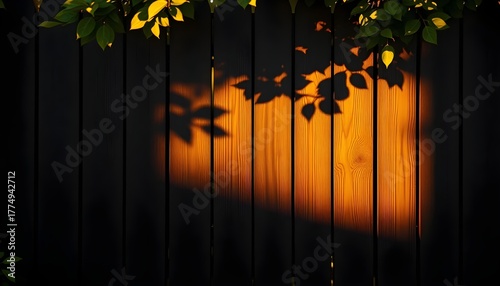 Matte black wooden fence with leaf shadows and golden sunlight. Fence background.