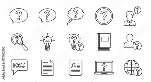 Set of question-related line icons, outline signs for graphic and web design, apps, adverts, various cards, vector cartoon illustration with a white background. Includes speech bubbles with question
