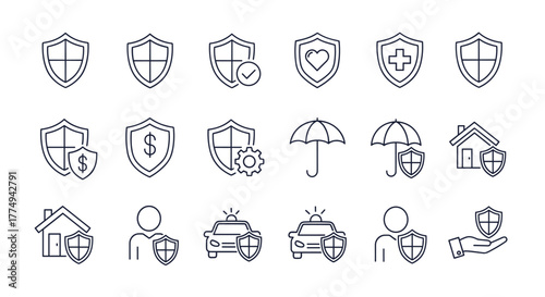 Set of Shield and Insurance Related Line Icons: Outline Signs for Graphic and Web Design, Apps, Adverts, Various Cards, Vector Cartoon Illustration with Protection Symbols, Security, Safety, and
