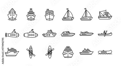 Modern Outline Style Icons for Design, Cards, Apps, and Social Networks: A Vector Cartoon Illustration Set on a White Background, Featuring Ships and Maritime Elements for Diverse Creative Projects
