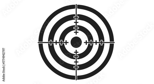 A striking vector icon of a shooting target, presented in a clean, minimalist style with concentric circles and crosshairs, set against a stark black background, symbolizing focus, precision, and