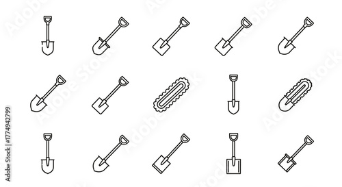 Collection of outline shovel icons, representing various digging tools and gardening equipment, perfect for graphic design, web development, app interfaces, and advertising campaigns, presented as