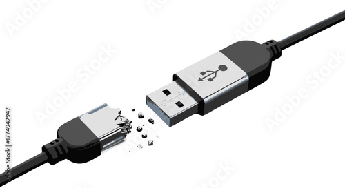 Close-up of a broken USB cable with the connector pieces shattered, symbolizing data loss, connection failure, or device malfunction, set against a stark black background. This high-tech visual