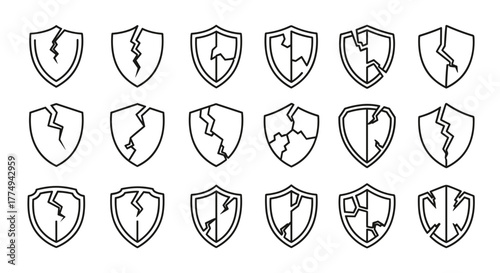 Collection of cracked shield outline icons, representing vulnerability, damage, or broken security, ideal for graphic design, web development, app interfaces, advertising, and various card designs