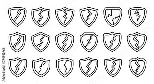 Set of 15 Cracked Shield Line Icons for Interface, Posts, Advertisements, and Various Cards, Vector Cartoon Illustration with a White Background, Ordered Set, Representing Protection, Security, and