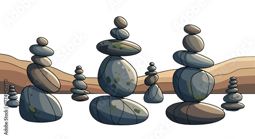 Serene vector illustration of balanced stone cairns stacked precariously on a dark ground with a soft, sandy dune landscape in the background, evoking a sense of peace, harmony, and zen.