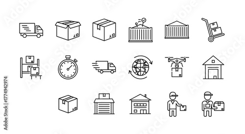 Delivery and Shipping Line Icon Bundle: A Comprehensive Collection of Vector Graphics Featuring Trucks, Boxes, and Outline Signs for Graphic Design, Web Development, Apps, Advertisements, and Various