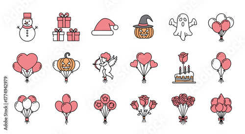 Collection of stylized, thin-line holiday icons featuring a snowman, gift boxes, Santa hat, jack-o'-lantern, ghost, and various balloon arrangements including heart shapes, roses, and star designs