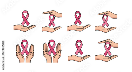 Collection of eight pink ribbon icons representing breast cancer awareness, held and protected by hands in various poses, suitable for graphic design, websites, cards, books, and articles, presented