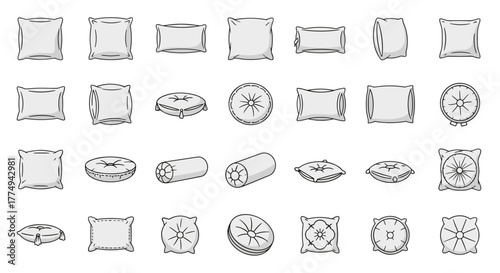 Collection of various white pillow and cushion outline illustrations with editable stroke, perfect for infographics, articles, books, flyers, banners, and vector cartoon designs, showcasing diverse