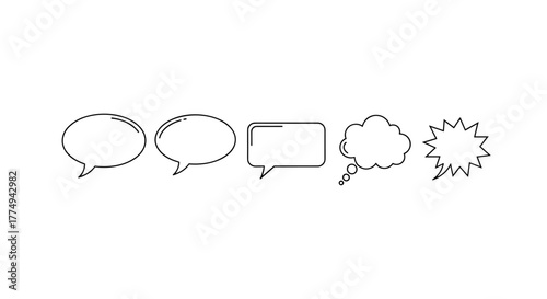 A collection of five minimalistic, thin outline speech bubbles and thought bubbles, rendered in vector cartoon illustration style, perfect for web design, graphic design, apps, banners, social