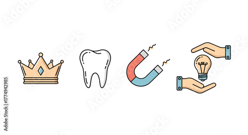 A vibrant and simple set of graphic design icons, featuring a golden crown, a white tooth, a horseshoe magnet with poles attracting, and a glowing lightbulb held between two hands, symbolizing