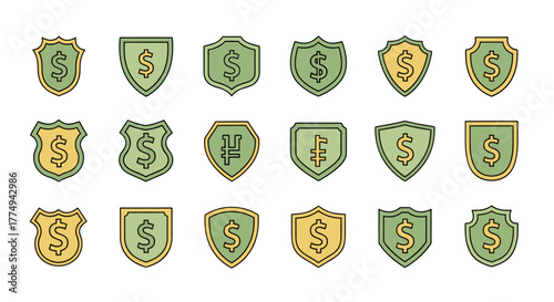 Collection of stylized shield icons featuring dollar signs and other currency symbols, rendered in a flat, cartoonish vector style with a clean outline and a subtle color gradient, perfect for