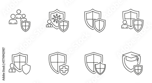Insurance and Protection Related Outline Symbol Set: A collection of minimalist line icons representing various security and safety concepts, including shields protecting people, a virus, a medical