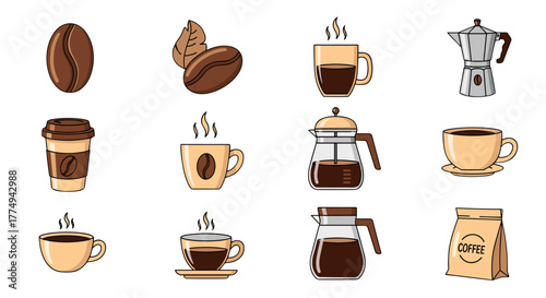 A collection of stylized coffee-related icons, including coffee beans, a takeaway cup, various coffee mugs, a Moka pot, French press, and a coffee bag, presented on a black background, perfect for