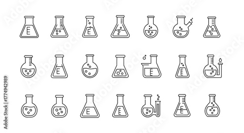 Collection of outline laboratory flasks and beakers with bubbling liquids, presented as vector cartoon illustrations on a black background, perfect for graphic and web design, apps, adverts, and