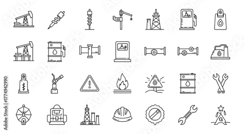 Vivid and descriptive thin line web icon set for oil and gas industry, featuring outline icons collection, simple vector illustration, and ordered line icons on a white background, representing