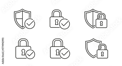 Set of six outline icons representing security and protection, featuring shields and locks with checkmarks, perfect for graphic and web design, apps, adverts, and various cards, presented as a clean