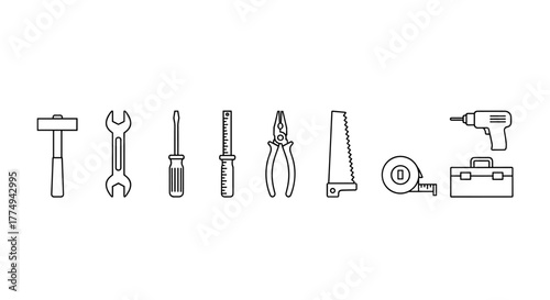 A clean and simple line art vector illustration showcasing a collection of essential tools, including a hammer, wrench, screwdriver, pliers, saw, measuring tape, drill, and a toolbox, all presented