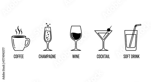 Collection of line art icons representing various beverages including coffee, champagne, wine, cocktail, and soft drink, with editable strokes, perfect for infographics, articles, books, flyers, and