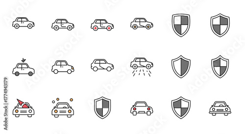 Set of minimalistic linear icons representing cars and shields, ideal for web, graphic design, apps, banners, social networks, and cards. This vector cartoon illustration features various car states
